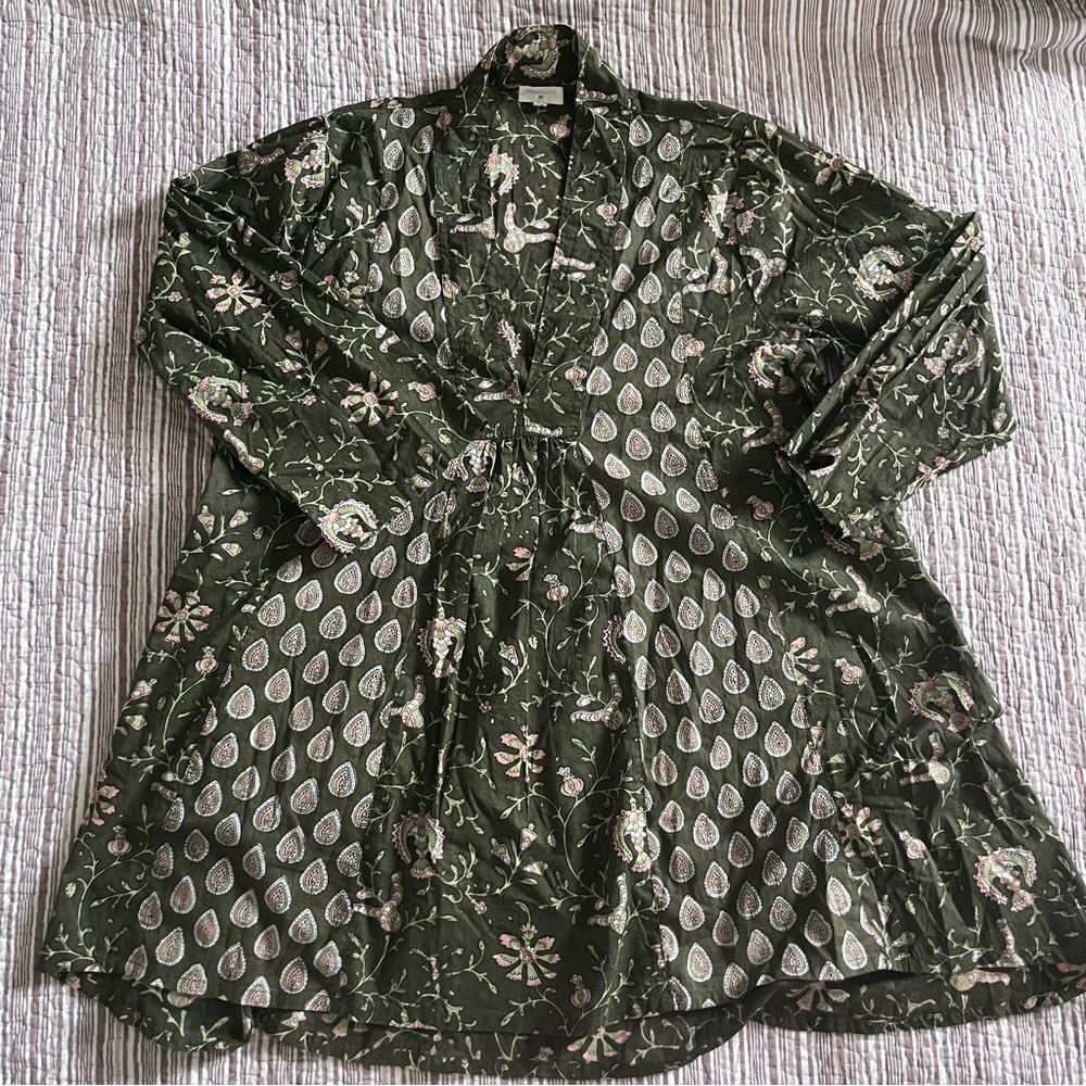Cost Plus World Market Olive Green Floral Boho Tunic Dress